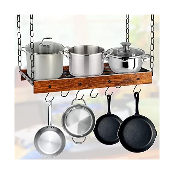 Creproly Hanging Pot Rack Pot Hangers for Kitchen Ceiling Multi-Purpose Wood and Metal Pot and Pan Organizer Ceiling Mounted with 12 Hooks for Home Restaurant Cookware Utensils Household Organization
