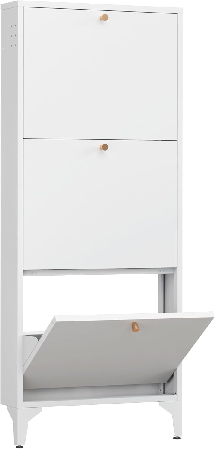 Shoe Cabinet, Narrow Slim Hidden Shoe Storage Organizer Cabinet with 3 Flip Drawers, 20'' Wide Shoes Rack Organizer Cabinet for Entryway, Hallway, Front Door, White