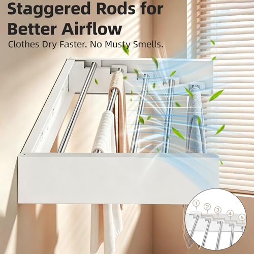 Petalux Wall Mounted Clothing Drying Rack 32“ Folds to 1.2” Ultra-Thin Space Saving Clothes Laundry Rack Holds 50 lbs Rust-Resistant Collapsible Space Aluminum for Apartment, RV, Laundry Room, White — view 4