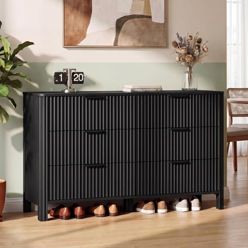 Image of Wodeer 6 Drawer Black Dresser for Bedroom, 47 inchW Wood Storage Cabinet with Fluted Design, Modern Chest of Drawers & TV Stand for Living Room, Nursery Clothing Organizer with Metal Slides, Anti-Tipping