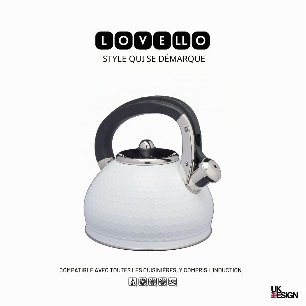 LOVELLO KitchenCraft - Bouilloire à Sifflet en INOX pour Induction, Collection, 23 x 21 x 23 cm, 2.5 L - Blanc et Noir