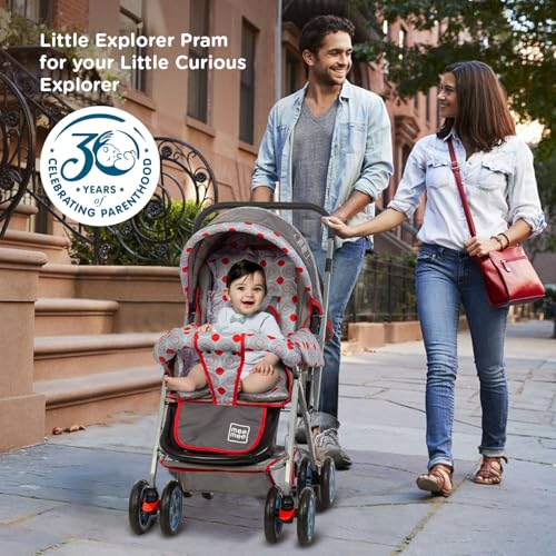 Mee Mee Little Explorer Baby Stroller/Pram for 0 to 3 Years, New Born/Kids, 5 Point Safety Harness, Adjustable backrest, 360 Swivel Wheel, Large Storage Basket, Reversible Handlebar Net (Modern, Red)