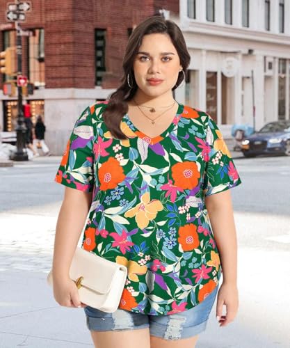 Image of TIYOMI Plus Size Tops for Women V Neck Tshirts Basic Tunic Casual Hawaii Floral Tie Dye Camo Summer Short Sleeve Tee XL-5XL