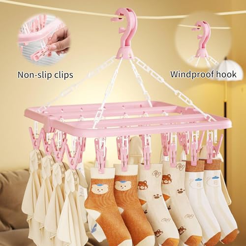Rainfordhoma Clothes Drying Rack with 32 Clips, Foldable Hanging Rack, 360° Rotatable Hook for Drying Socks Baby Clothes Towels Gloves(Light Blue) - Thumbnail 7