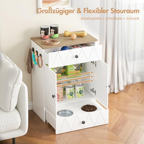 Haustier-Futterschrank mit Lagerschrank, Futterschrank Hund mit 2 Edelstahlnäpfen & 3 Haken, Hundefutterstation mit Schubladen & Verstellbarer Ablage, Hundebar für Hunde, 61x35,5x82,5cm (Weiß)