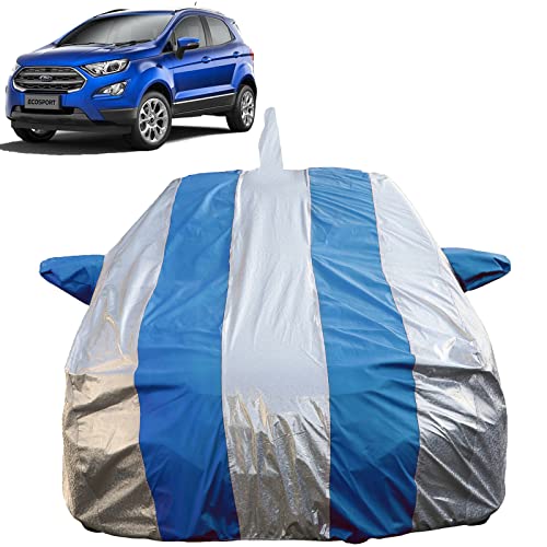 Image of Autofact Waterproof Car Body Cover Compatible with Ford Ecosport (2013 to 2021) with Mirror and Antenna Pockets (Blue Stripes with Shinning Silver Fabric /Waterproof Cover)
