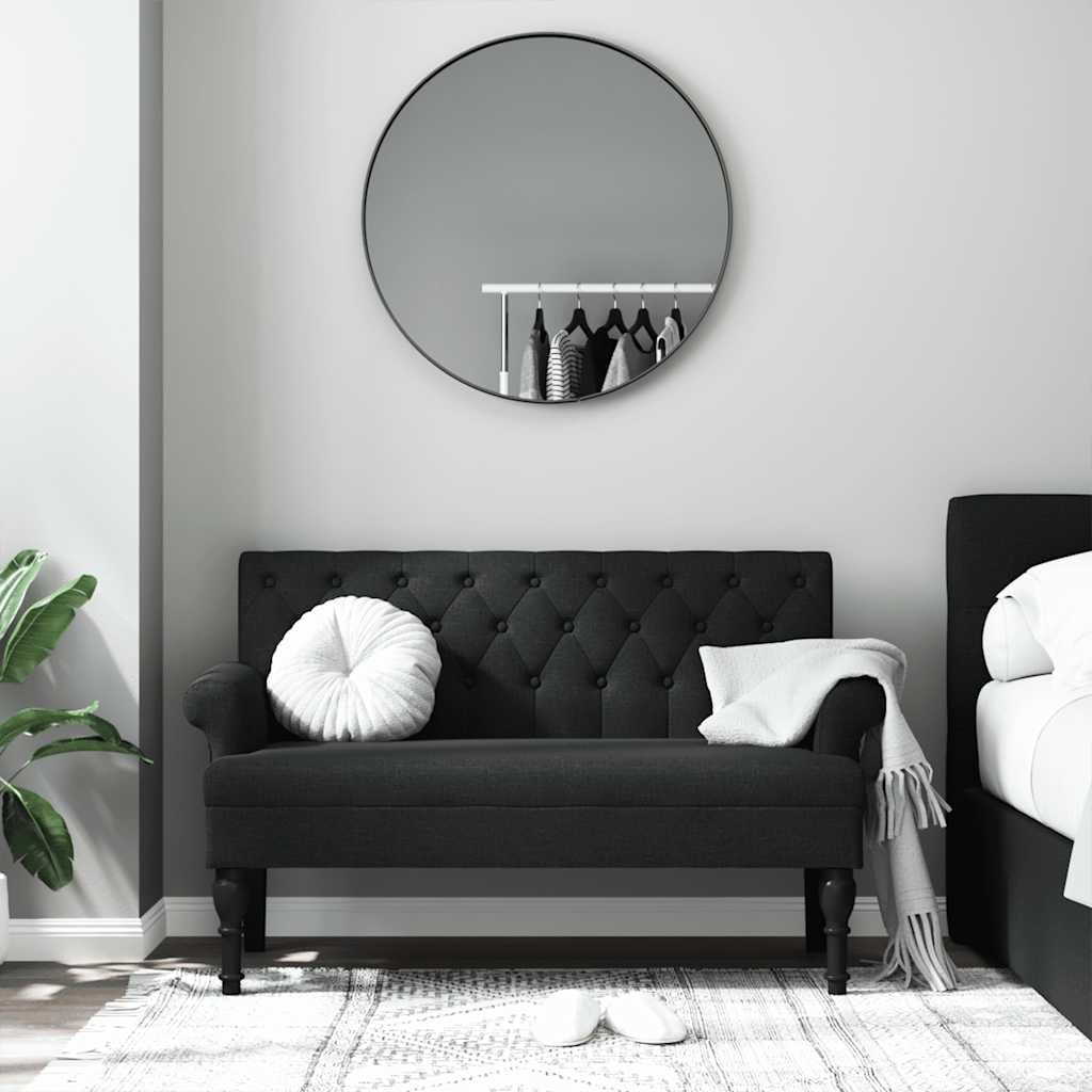 Sitzbank mit Rückenlehne und Armlehnen 120x62x75,5 cm, Polsterbank aus Stoff mit Gummiholzfüßen, Gepolsterte Bank für Flur, Schlafzimmer und Büro, Schwarz