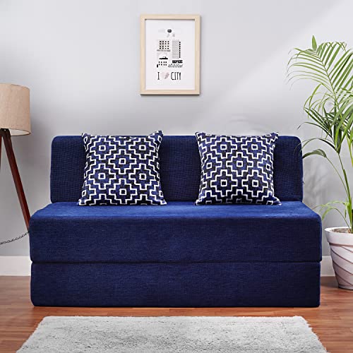 Image of Convertible Fabric Sofa Cum Bed | Foldable Double Foam & Washable Cover with Cushions | Modern Design Use Living Room & Guest Room (Moshi-Blue-Multi-Square, 4X6 Ft)