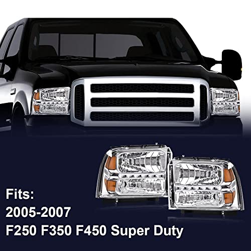 Image of GRAND ORANGE LED DRL Headlights Compatible with 2005 2006 2007 Ford F250 F350 F450 F550 Super Duty Fit 2005 Ford Excursion Clear lens Chrome Housing Amber Reflector