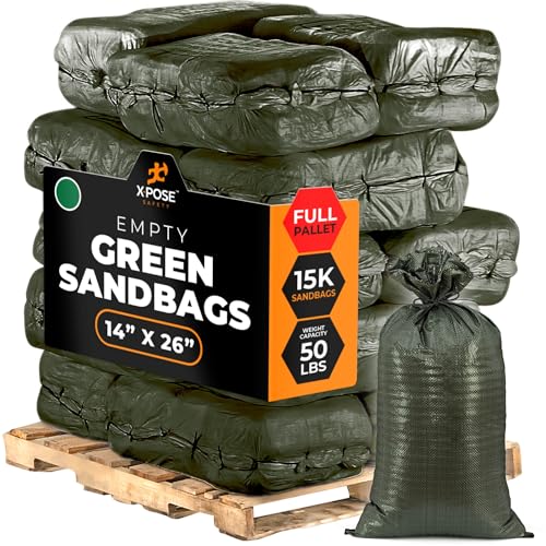 Image of Xpose Safety Heavy Duty Sand Bags with Tie Strings - Empty Woven Polypropylene Sandbags for Hurricane Flood Protection, 50 lb Capacity, 14 inch x 26 inch, Green, Bulk Full Pallet Pack of 15000