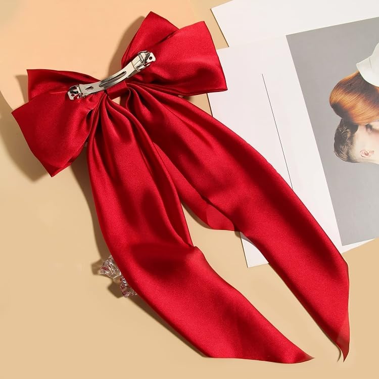 Image of FilterFashion Big Satin Layered Hair Bows for Women Girls 11.5 Inch Barrette Hair Clip Long Back Ribbon Bows French Style Hair Accessories (Maroon,Black)