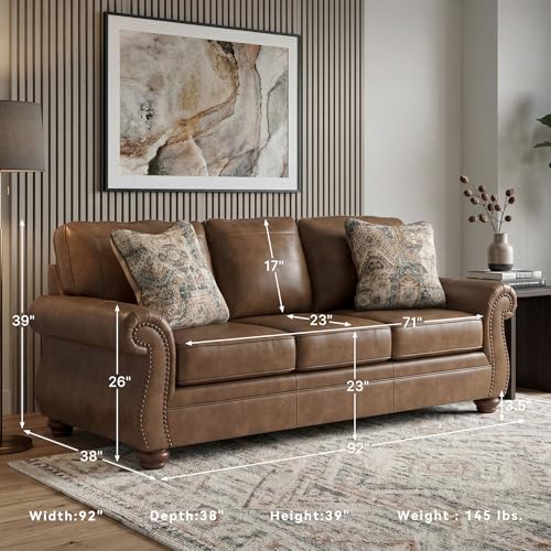 Image of Signature Design by Ashley Shadsburne Rustic Faux Leather Sofa with Nailhead Trim and 2 Throw Pillows, Brown