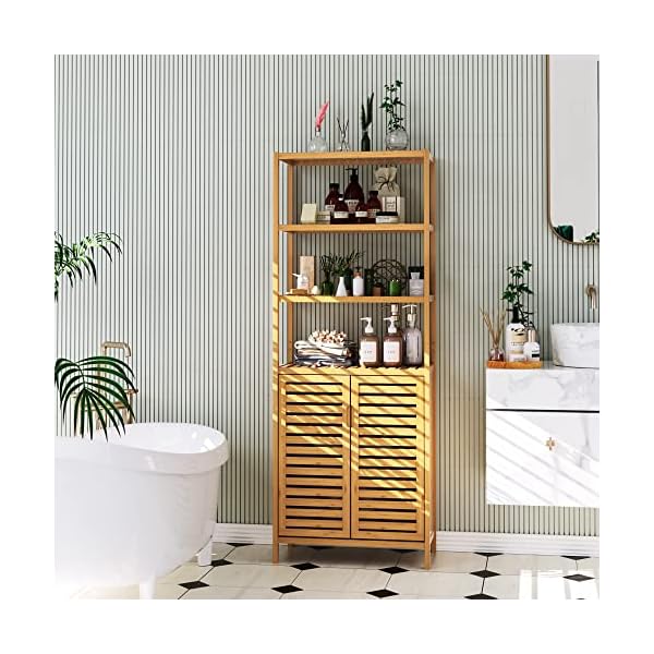 HIFIT Tall Bathroom Storage Cabinet, Bamboo Storage Cabinet with 2 Doors and 3 Tier Shelves, Bathroom Cabinet Freestanding, 67”H Bamboo Tall Cabinet for Bathroom Living Room Kitchen, Nature
