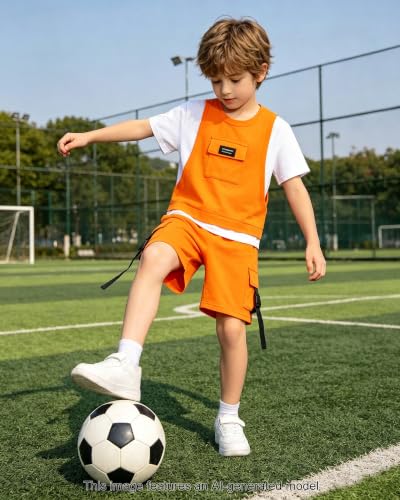 Image of SANGTREE 2Pcs Cotton Boys Clothes Short Sleeve T-Shirt and Shorts Teen Kids Summer Casual Outfit Boy Sets, 3-12 Years