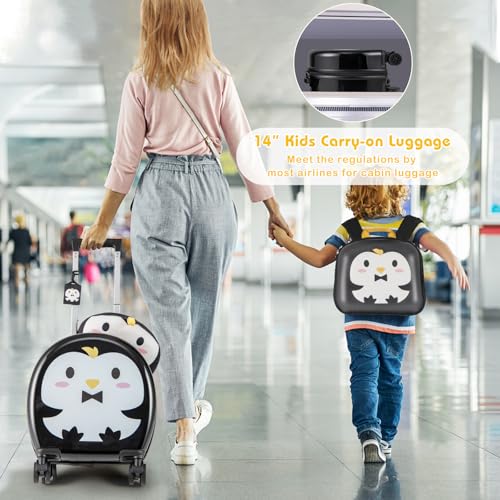 Goplus 4 Piece Kids Luggage Set, 14” Carry-on Hardside Spinner Luggage w/ 10” Backpack, Neck Pillow, Toddler Travel Rolling Suitcase for Boy Girl Children (Black Penguin)2