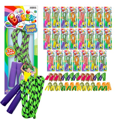JA-RU 7ft Adjustable Jump Rope (24 Jump Rope) Nylon Braided Jump Ropes for Kids. Indoor & Outdoor Activities for Teens. Bulk Party Favor & Gymnastics Goodie Bag Stuffers. Style A 1995-24p