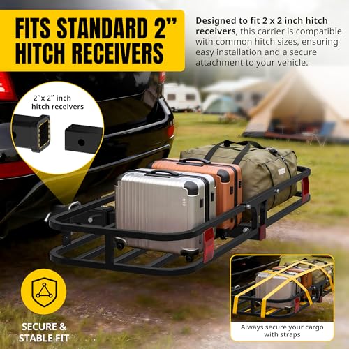Image of MaxxHaul 70107 53 inch x 19-1 /2 inch Hitch Cargo Carrier - Trailer Mount Steel With High Side Rails For RV's, Trucks, SUV's, Vans, Cars 2 inch Receiver 500-lb Load Capacity , Black