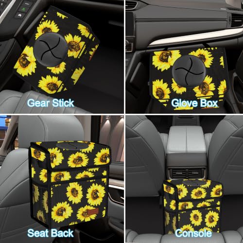 Image of Femuar Leak Proof Car Trash Can with Lid, Collapsible Hanging Waterproof Car Trash Bag with Mesh Pocket for SUV Front Seat Headrest, Large /Sunflower