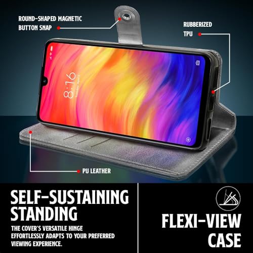 Image of WOW IMAGINE Shock Proof Flip Cover Back Case for Xiaomi Mi Redmi Note 7 | 7 Pro | 7S (Magnetic Button Flip Case | Wallet Pockets & Stand | Leather Finish | Stone Grey)