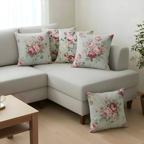 Image of Clasiko Cotton Cushion Covers 20x20 - Set of 5 Decorative Cushion Covers, Vintage Rose, Soft Cotton, Hidden Zip, Sofa & Bedroom Decor