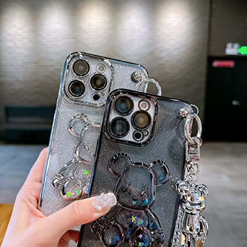 Doiodu Electroplated For Iphone 14 Pro Max 6.7" Quicksand Case With Metal Lanyard Bell Pendant And Bear Doll,Clear Glitter Sparkly Bear Slim Shockproof Full Body Protecive Case With Camera Protector #TOP3