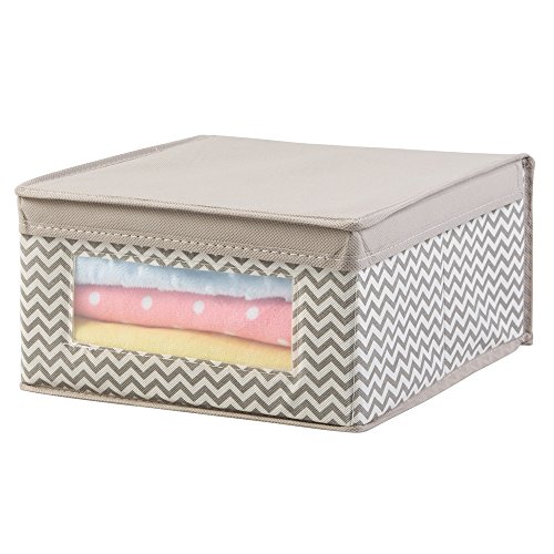 mDesign Soft Stackable Fabric Closet Chevron Storage Organizer Holder Box - Clear Window, Attached Hinged Lid, for Child/Baby Room, Nursery, Playroom - Medium, Zig Zag Pattern in Taupe/Natural