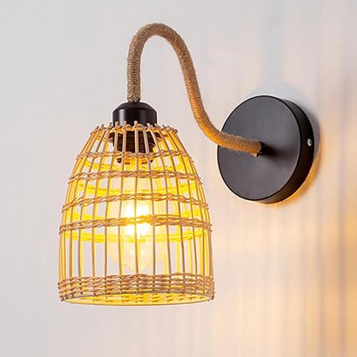 Aplique de pared de ratán hecho a mano, lámpara de mimbre estilo granja, luz vintage, retro, negro, E26 E27, accesorio de iluminación para sala de