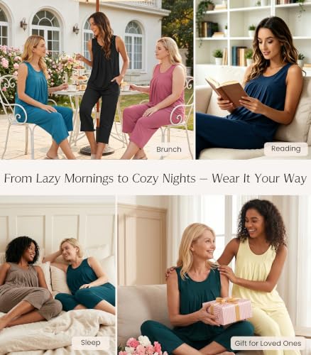 Image of NACHILA Pajamas for Women-Viscose Made from Bamboo, Sleeveless Pjs Tank Top Capri Pants Pajama Sets Cooling Sleepwear