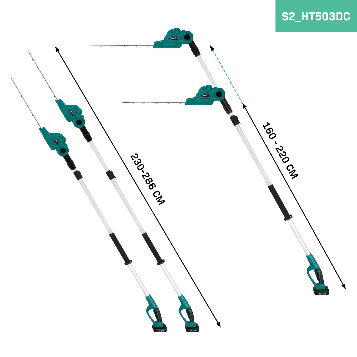 VONROC Cortasetos Telescópico 20V con 2 baterías de 2.0Ah y cargador rápido - Cuchilla inclinable - Pértiga extensible (200-260 cm)