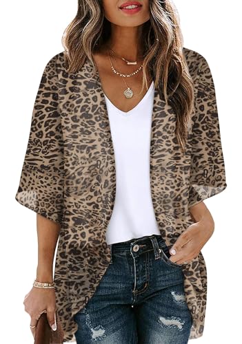 OFEEFAN Summer Tops for Women 3/4 Sleeve Swimsuit Coverup for Women Kimono Cardigans Flowy Leopard M