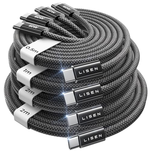 LISEN USB C to USB C Cable [60W/4-Pack] Type C Charger Fast Charging for iPhone 16/15 Pro Max, iPad Pro Air, Samsung Galaxy S25, Pixel, Mi [0.5M+1M+2M+2M]