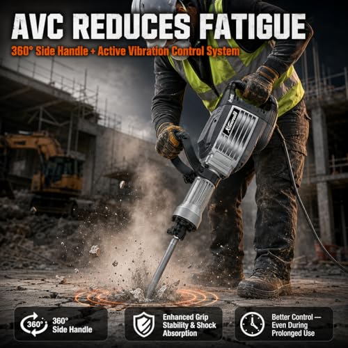 Image of XtremepowerUS 3600W Demolition Jack Hammer Concrete Breaker, 15 Amp Electric Jackhammer, 30mm Hex Shank, 50J Impact Energy, 1400 BPM, AVC System, 360 Side Handle, Flat & Point Chisels Included