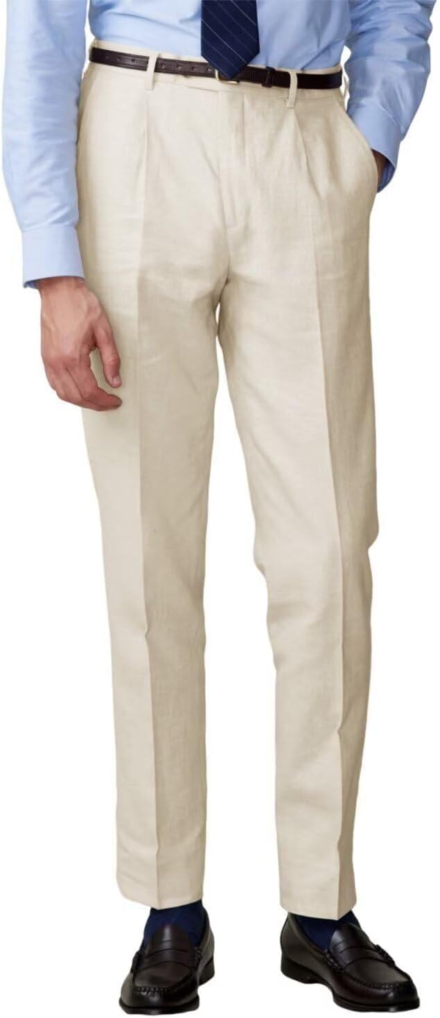 Mens Linen Pleated Suit Pants Classic Straight Leg Commuting Trousers