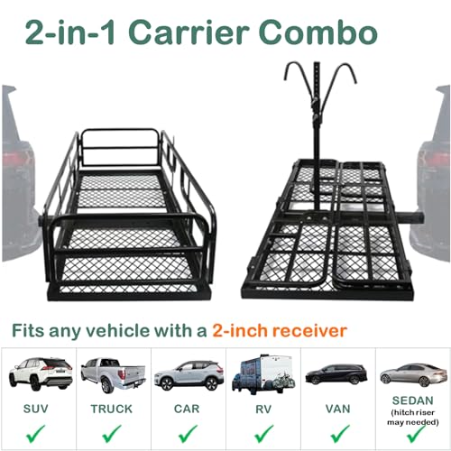 Hitch Mount Cargo Carrier Basket - 66"x24"x14" Comes with Bike Rack Fits 2 Ebike Fat-Tire Electric Bicycle with Folding Heavy Duty Trailer 500Lbs Fits 2" Receiver for Car Truck SUV RV (Grey Black)