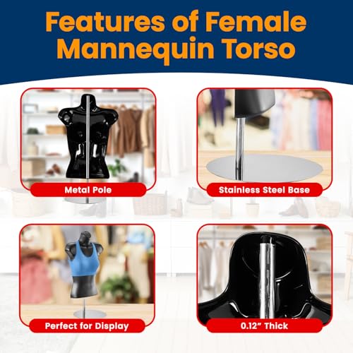 Black Female Mannequin Torso with Metal Stand, Hollow Back, Stackable Dress Form for T-Shirt Display, Countertops, Craft Shows, Photos, and Design by Topmaster - Image 4