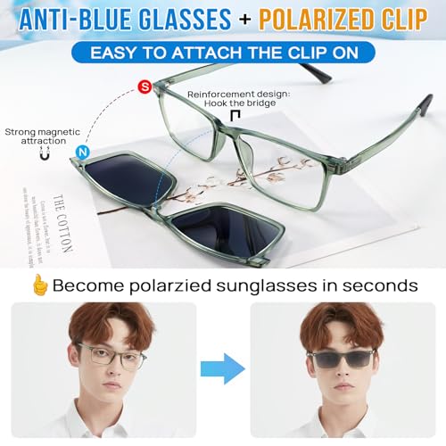 Image of Blue Light Blocking Glasses Men with Polarized Sunglasses Clip for Driving, Computer Glasses Reduce Eyestrain