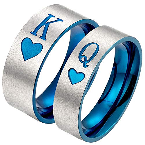 XAHH Matching Set Couple Ring King Queen Heart Titanium Steel Matte Brushed Promise Wedding Band Silver Blue Men Size 11