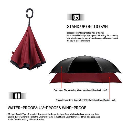 MRTLLOA 40/49/56 Inch Oversize Windproof Inverted Reverse Upside Down Umbrella, Golf Size Rain Umbrella, Double Layer, C-Shaped Handle for Men, Women and Kids (Wine Red, 49 Inch)