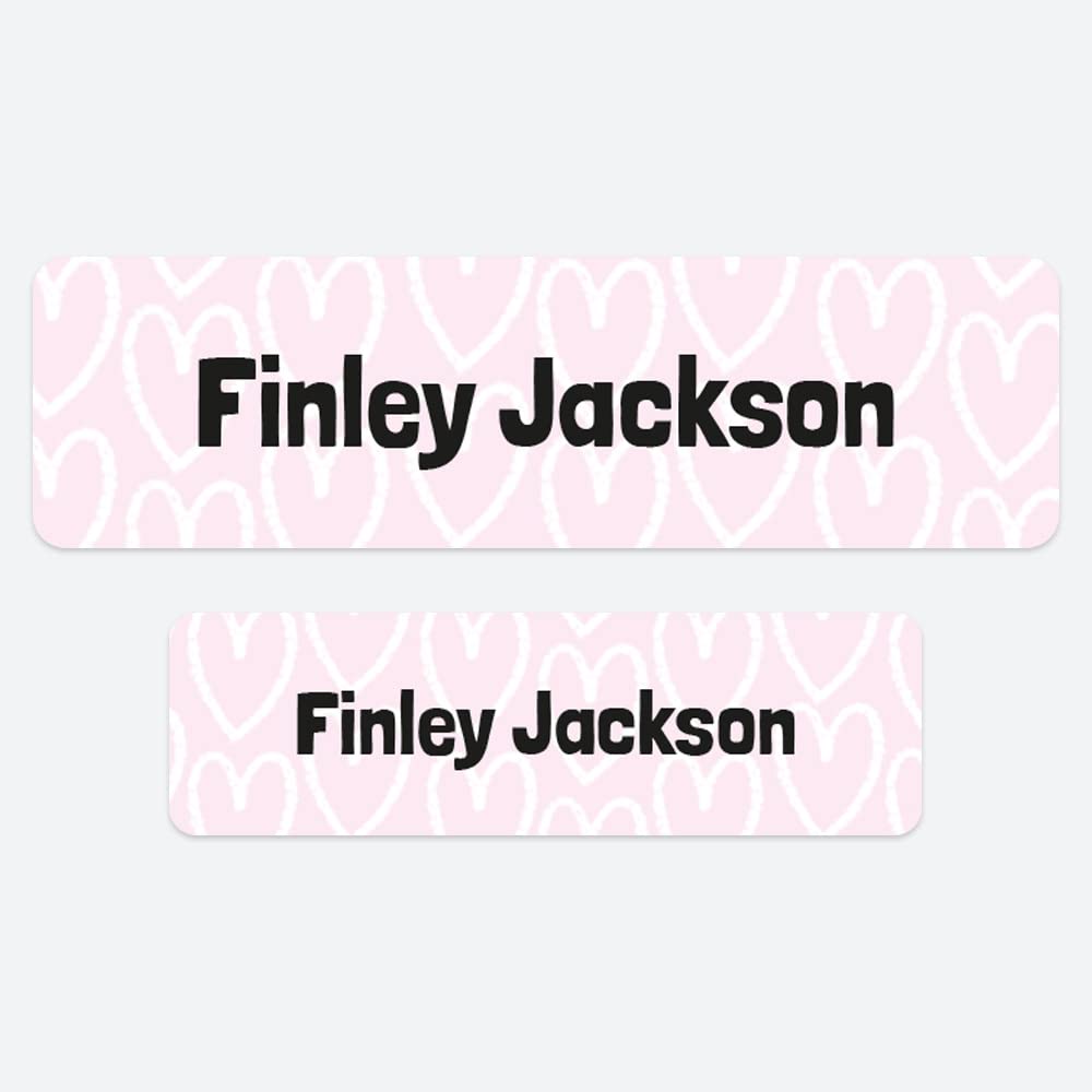 50 x No Iron Personalised Stick On Waterproof Washable Name Labels Great for Clothes, School Uniform, Equipment, Shoes. School, Nursery, Day Care, Hospital - Doodle Hearts Pink — image 1