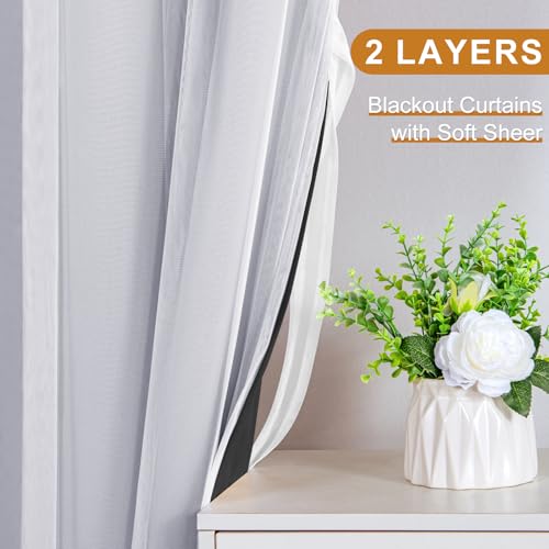 Image of DWCN Black Blackout Curtains with Sheer Overlay with Tiebacks 84 Inch Long