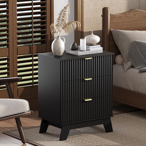 Image of Wodeer Night Stand Set 2, Bedside Table & End Table, Mid Century Modern Fluted Wood Nightstand with 3 Drawers & Metal Handles, Farmhouse Nightstand for Bedroom, Black
