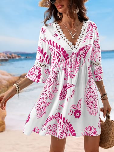 Image of CUPSHE Women V Neck Lace Trim Mini Summer Dress Cover Up 3 /4 Sleeve Ruffled Cuff Casual Sundress Beach Dresses Cover Ups