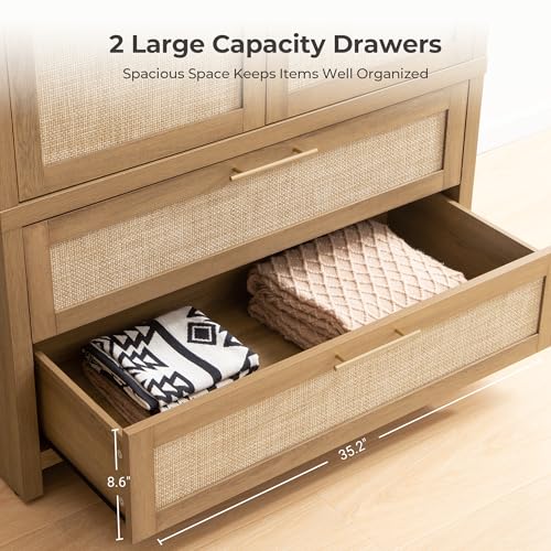 Image of SICOTAS Larger Armoire Wardrobe Closet, 71 inch Tall Rattan Freestanding Wardrobe Cabinet with Storage and 2 Drawers, Boho Clothes Organizer with Hanging Rod for Bedroom, Oak (2 Pieces)