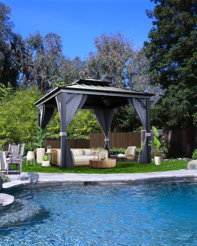 Hardtop Gazebo 10'x10' for All Weather, with Double Metal Roof, Aluminum Alloy Frame, Net, and Curtain, Permanent Building for Patio, Deck, Backyard, Lawn, and Garden, Gray
