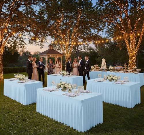 Image of HolidayIdeas Spandex Table Skirts for Rectangle Tables 6 Ft, Fitted Stretch Table Cover 30x72 Inch, Wrinkle-Free Ruffle Design Tablecloths for Banquets,Trade Shows, Parties, Events, 4 Pack, Baby Blue