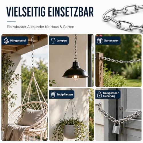 CYEER 2m Edelstahlkette 6mm Meterware, Rostfreie Gliederkette aus Edelstahl 304, Stabile Rundstahlkette für Hängesessel, Boxsack, Lampen & Gartenzaun, Hochbelastbare Metallkette