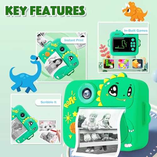 Image of Wembley DIY Instant Print Camera for Kids 3+| Includes Print Rolls, 4GB SD Card & Strap| Fun & Rechargeable Birthday Gift for Boys & Girls (Dino)