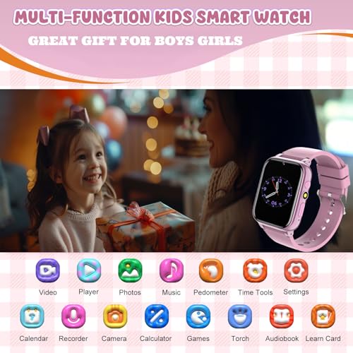 1.69'' Kids Smart Watch,Boys Girls Smartwatch, Pedomter 26 Puzzle Games Camera Video Music Player Flashlight Alarm Clock,4-12 Years Children Birthday (Pink)2