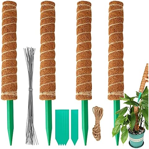 Jansburg Moss Poles for Climbing Plants 4 PCS 16.3" Coir Totem Plant Support Extension Moss Sticks Full Length 51.7" Coir Moss Pole Guiding Potted Plants to Grow Upward PVC Stick Cover