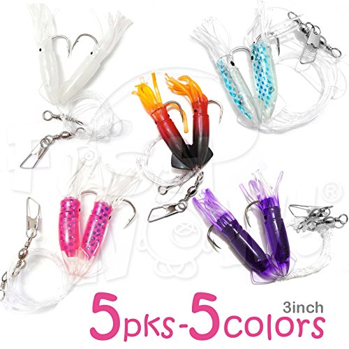 5 Packs - 3" Fishing Rock Cod Rig Twin Bulb Squids Rockfish Bait